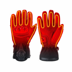 Stylized red-glow illustration of black Onyx heated motorcycle gloves; not a heating-zone diagram