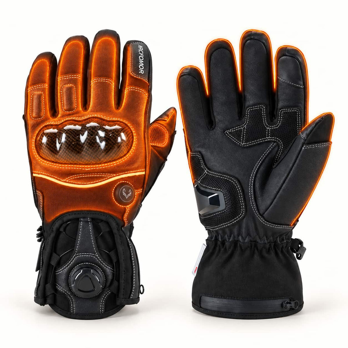 Onyx gloves with orange heating illustration across the hand and finger backs and an orange outline around the palm view.