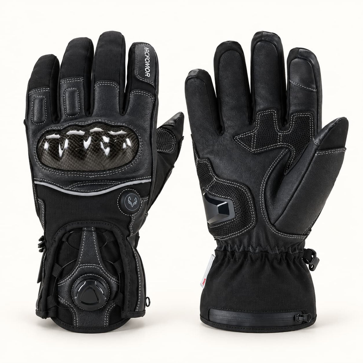 Black Arcfomor Onyx heated motorcycle gloves shown from the back and palm, with short cuffs and a rotary dial closure.