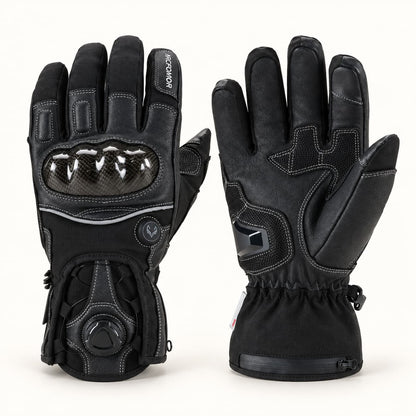 Black Arcfomor Onyx heated motorcycle gloves shown from the back and palm, with short cuffs and a rotary dial closure.