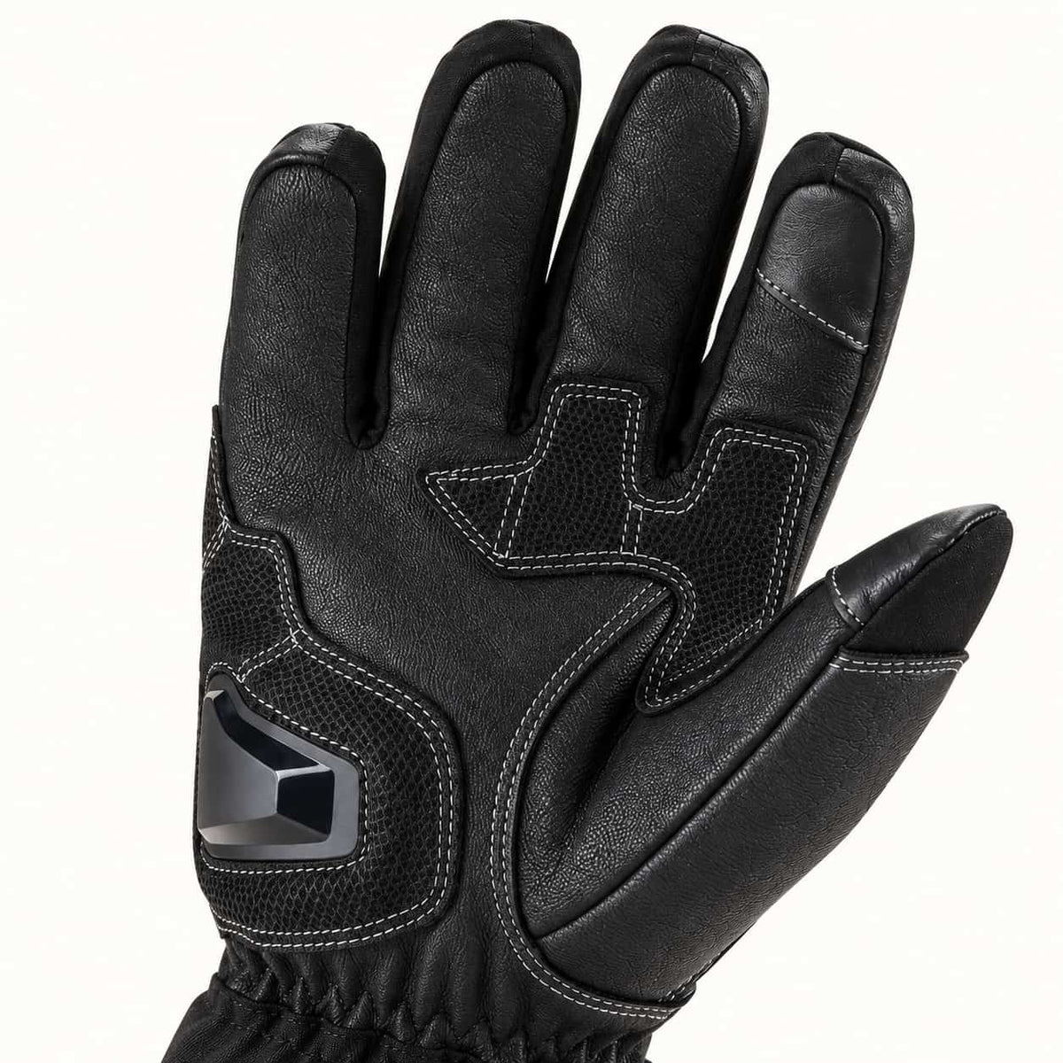 Onyx glove palm showing black goatskin leather, textured reinforcement panels and an angular hard guard at the outer palm heel.
