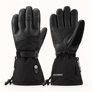 Black Ottawa Nights heated gloves shown from the back and palm, with goatskin panels, wrist straps and long cuffs.