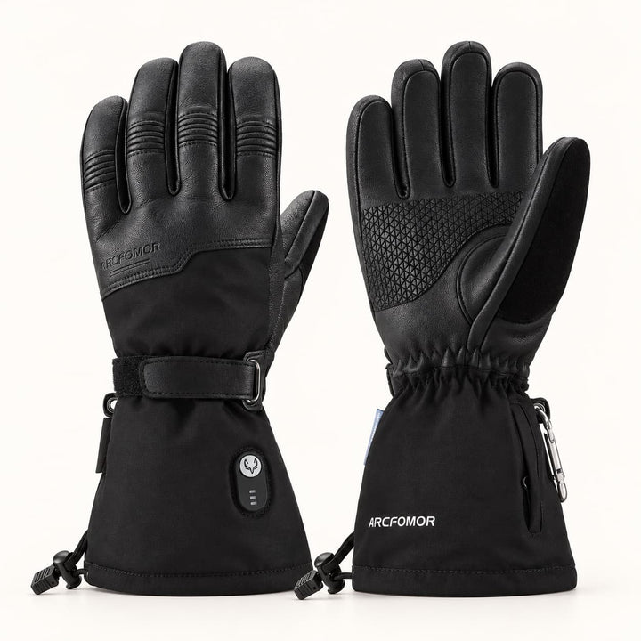 Black Ottawa Nights heated gloves shown from the back and palm, with goatskin panels, wrist straps and long cuffs.