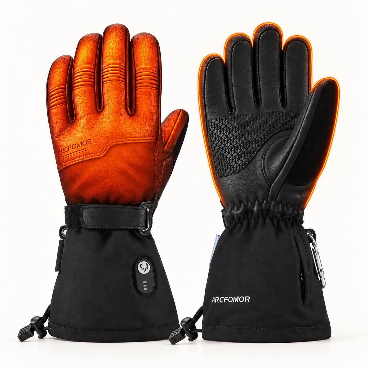 Ottawa Nights gloves with illustrated heating on the back of the hand and fingers, plus an orange outline around the palm view.