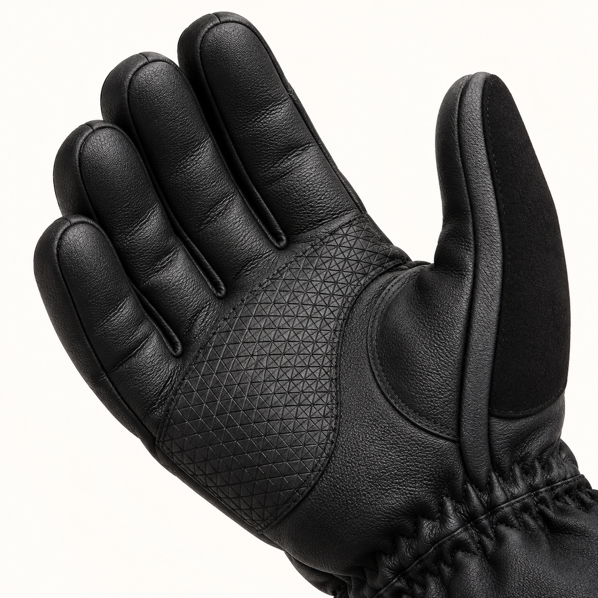 Close-up of an Ottawa Nights glove palm showing rounded leather fingers, a textured grip pattern and curved thumb construction.