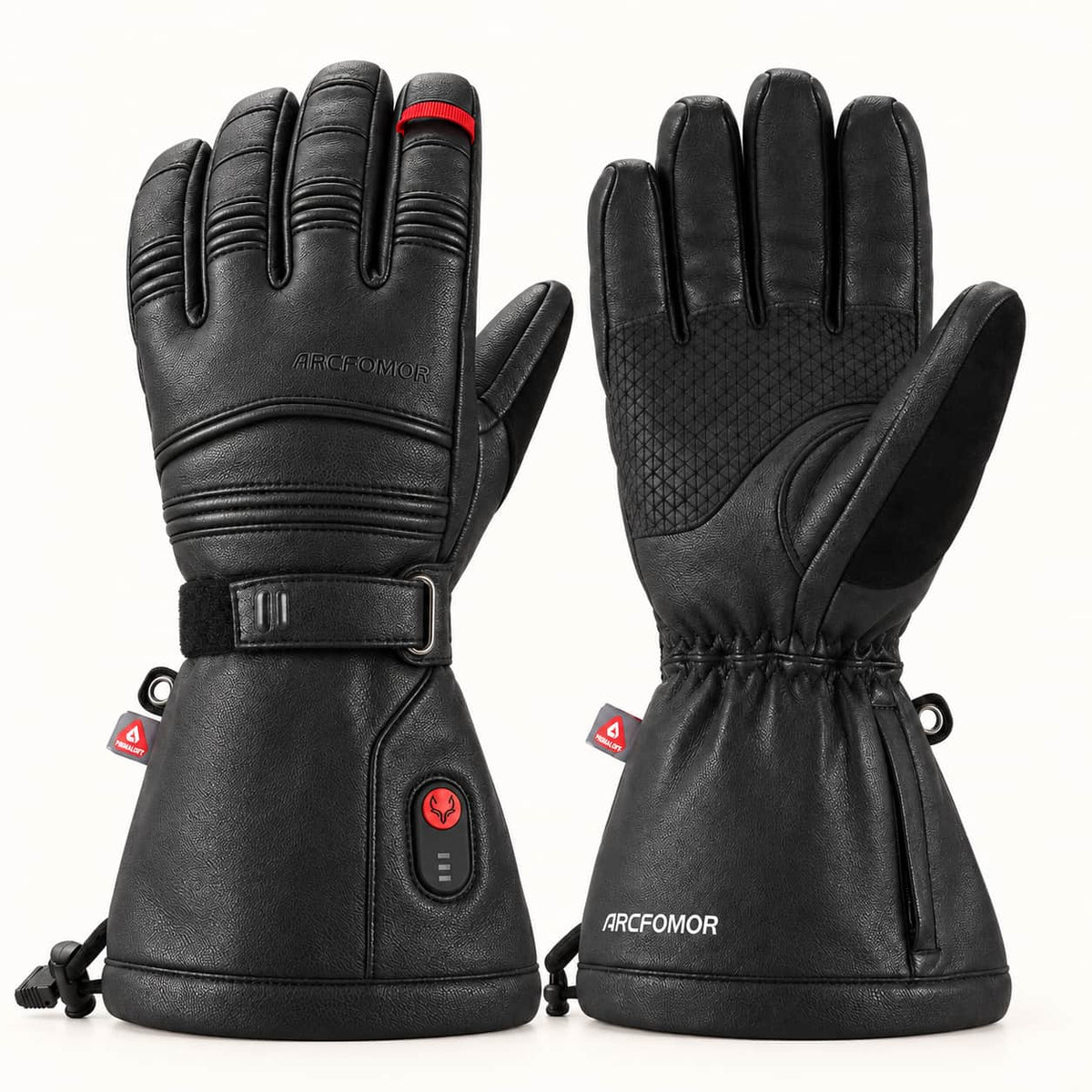 Polar Baron black goatskin heated gloves showing the back and reinforced palm.
