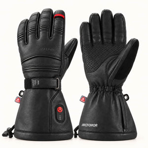 Polar Baron black goatskin heated gloves showing the back and reinforced palm.