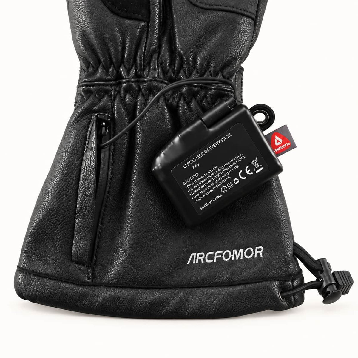 Polar Baron glove cuff with a connected battery, zippered battery pocket and drawcord closure.
