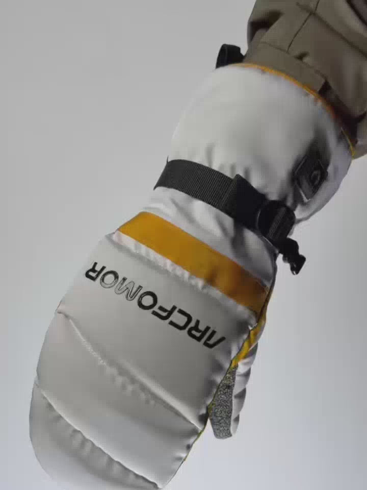 Demonstration of white Toboggan heated snowboard mittens worn on the hand
