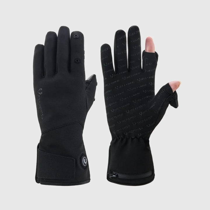 Spider Silk 7.4V heated gloves showing the palm, back and flip-top thumb and index finger