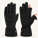 Spider Silk heated gloves shown from the back and palm, with the thumb and index finger covers open on one glove.
