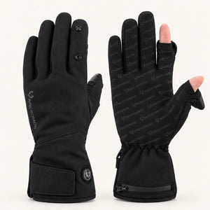 Spider Silk heated gloves shown from the back and palm, with the thumb and index finger covers open on one glove.