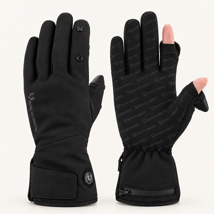 Spider Silk heated gloves shown from the back and palm, with the thumb and index finger covers open on one glove.