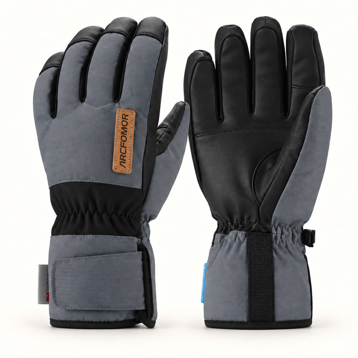 Black and gray Summit of Kunlun shell gloves shown from the back and palm, with elastic wrists and short hook-and-loop cuffs.