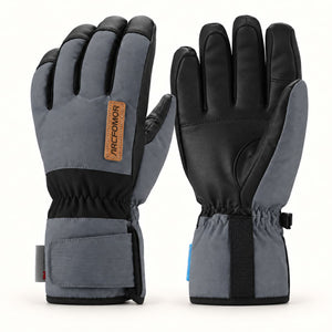 Black and gray Summit of Kunlun shell gloves shown from the back and palm, with elastic wrists and short hook-and-loop cuffs.