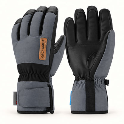 Black and gray Summit of Kunlun shell gloves shown from the back and palm, with elastic wrists and short hook-and-loop cuffs.