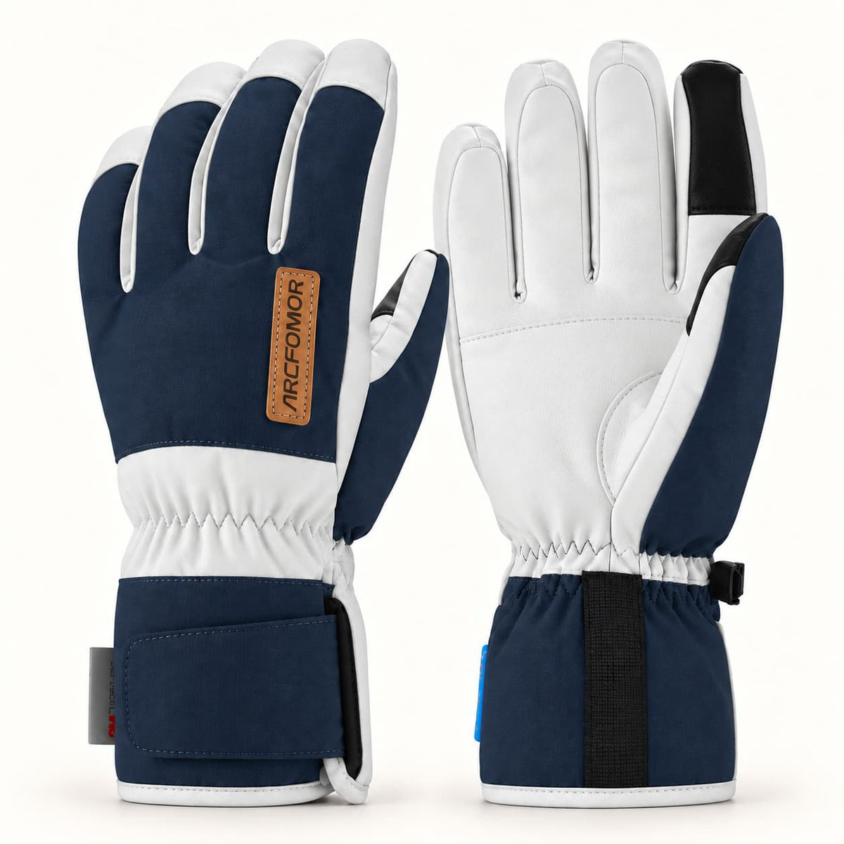 White and navy Arcfomor Summit of Kunlun shell gloves shown from the back and palm, with black touchscreen fingertips and short hook-and-loop cuffs.