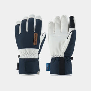 White and navy Summit of Kunlun shell gloves showing the PU palm, polyester back and short hook-and-loop cuffs
