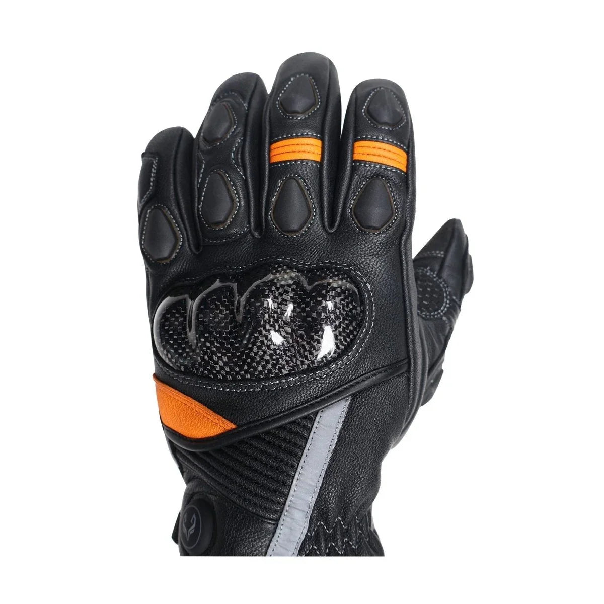 Close-up of the carbon fiber knuckle shell and padded fingers on a Tempest glove