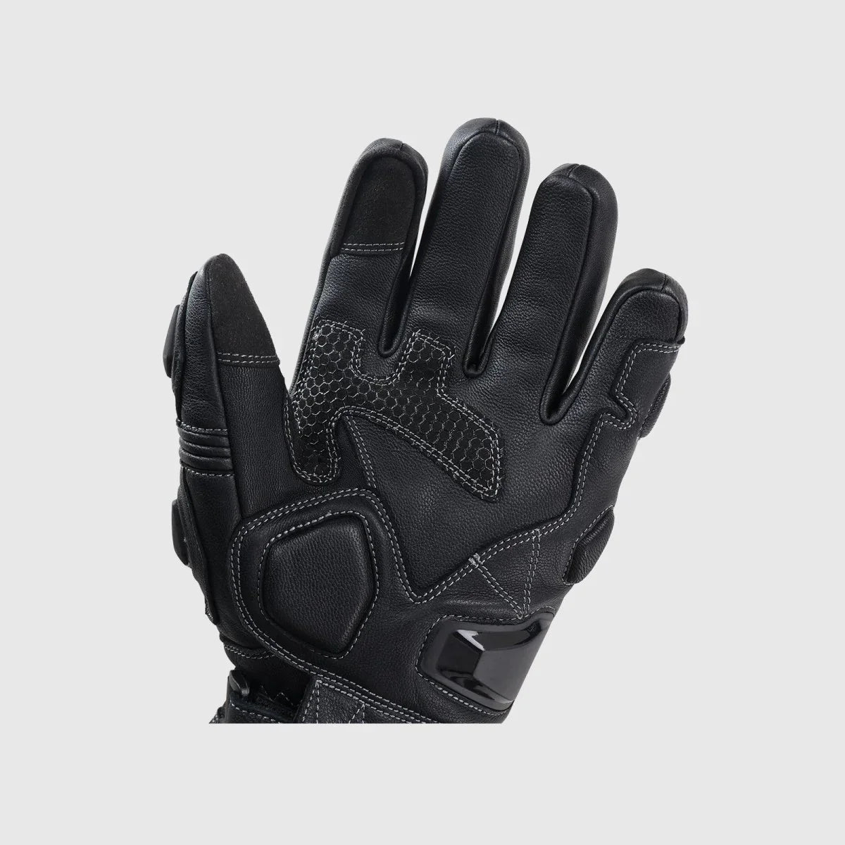 Goatskin palm with grip reinforcement and fixed palm-heel structure on a Tempest glove