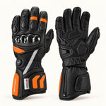 Arcfomor Tempest black and orange heated motorcycle gloves showing the goatskin back and reinforced palm.