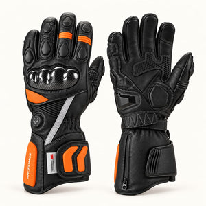 Arcfomor Tempest black and orange heated motorcycle gloves showing the goatskin back and reinforced palm.