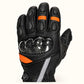 Close-up of Tempest gloves showing the carbon-fiber knuckle shell, finger protection and black goatskin.