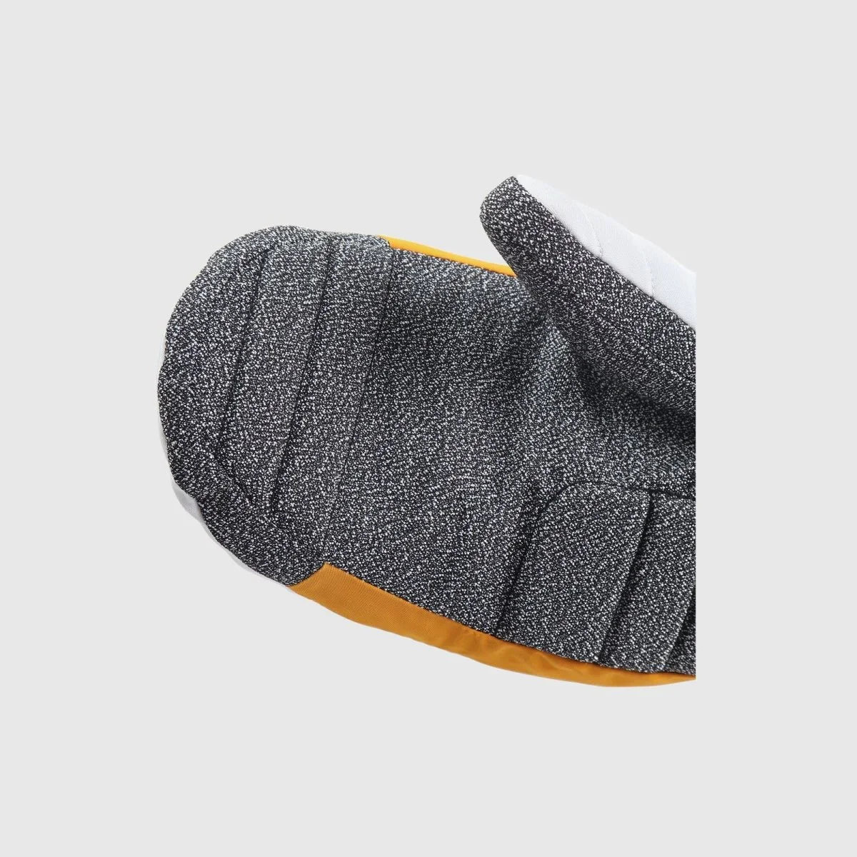 Close-up of the full Kevlar palm on a white Toboggan heated snowboard mitten