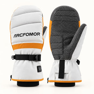 Arcfomor Toboggan white and orange heated snowboard mittens showing the quilted back and textured Kevlar palm.