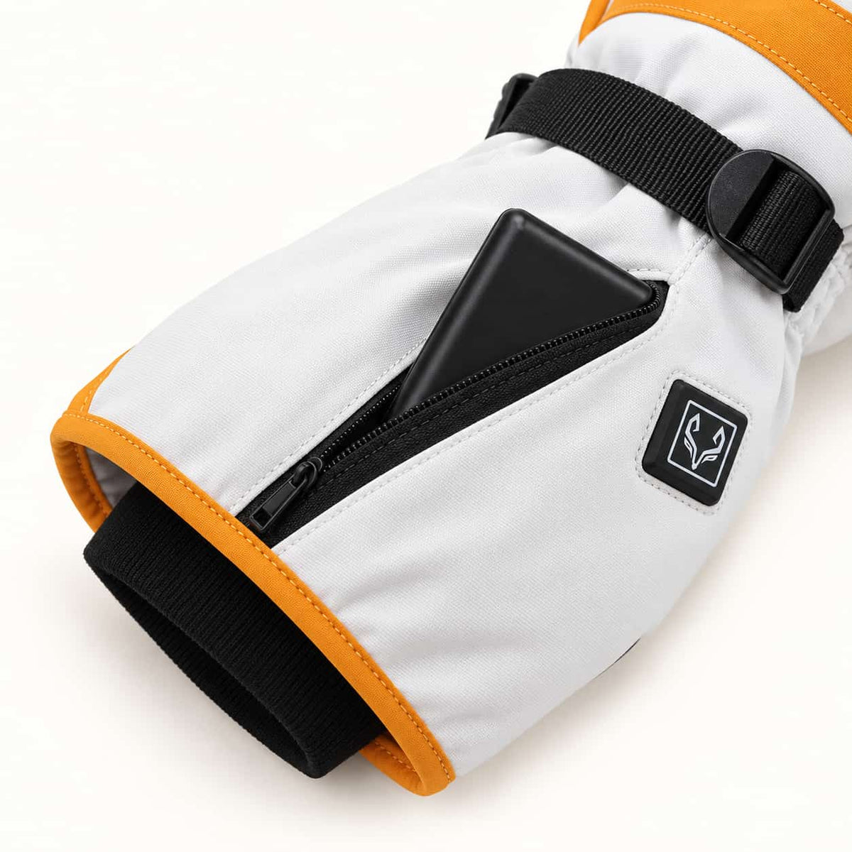 Rechargeable battery partially removed from the Toboggan mitten's open side-zip cuff pocket.