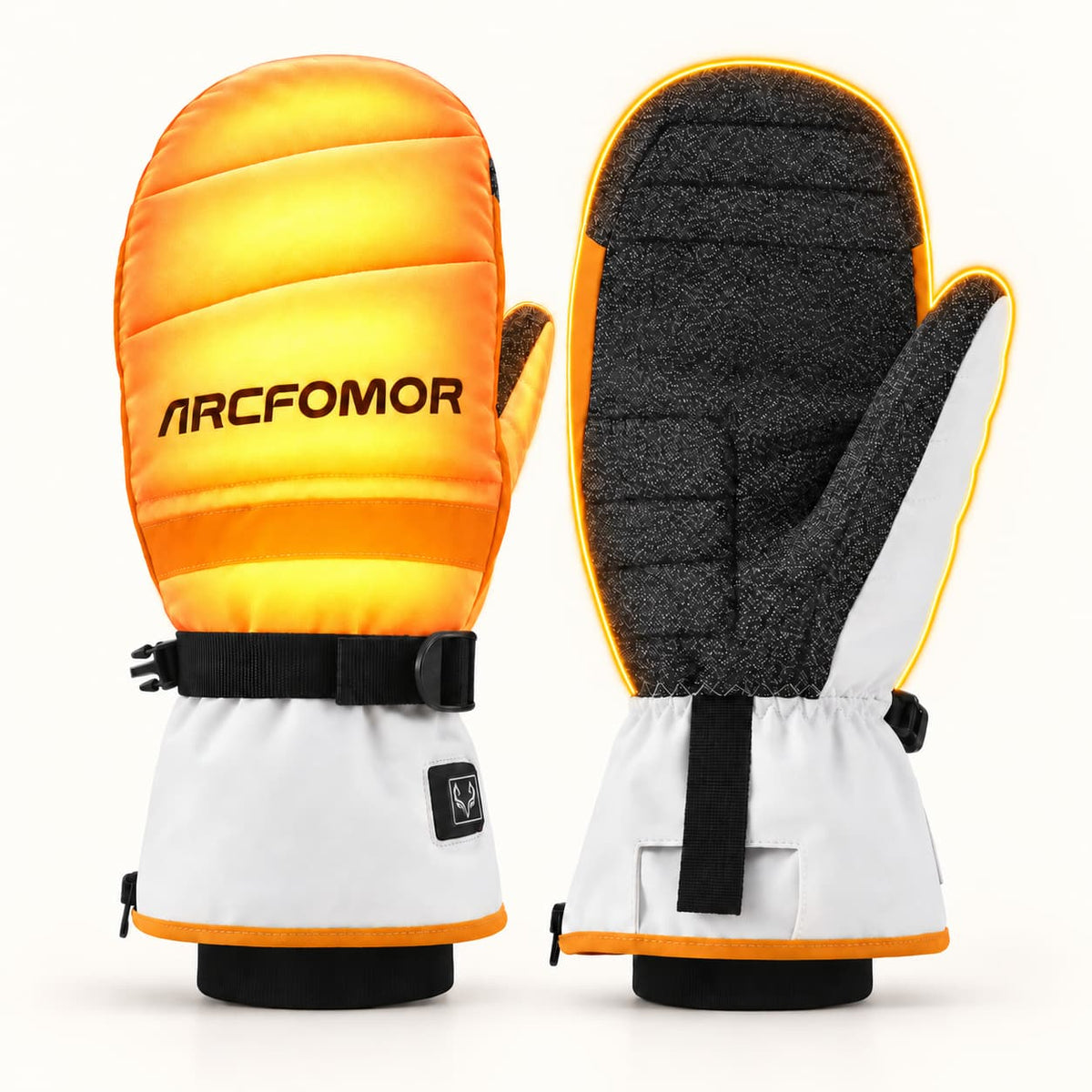 Toboggan mittens with illustrated heating across the back and finger compartment, and an orange outline around the palm view.