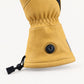 Round heat control button on a yellow Vellum 2.0 leather cuff, with wrist stitching and a drawstring adjustment.