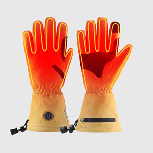 Illustrative warmth visualization over yellow Vellum 2.0 heated gloves; not an exact map of heating zones
