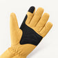 Palm of a yellow Vellum 2.0 glove showing black reinforcement, stitched thumb construction and a touchscreen index fingertip.
