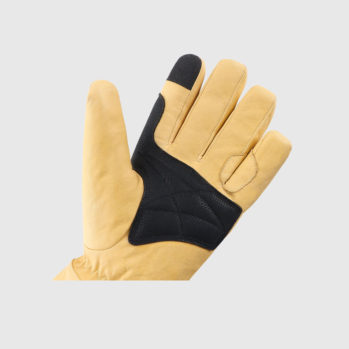 Palm view of a yellow Vellum 2.0 goatskin heated glove with a touchscreen index fingertip