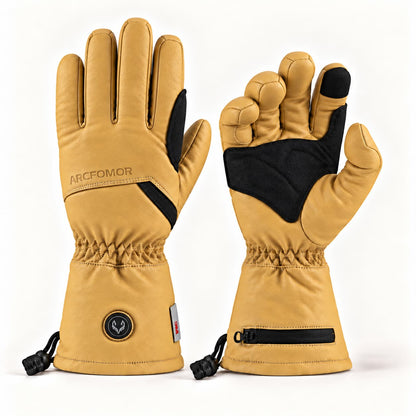 Yellow Vellum 2.0 goatskin heated gloves shown from the back and palm, with black reinforcement panels and drawstring cuffs.