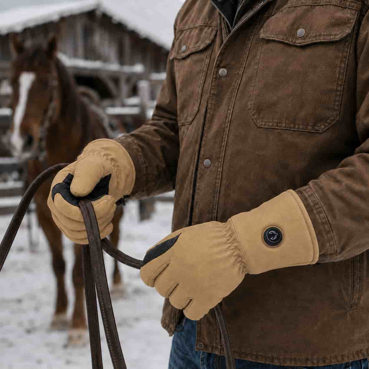 Rider wearing yellow Vellum 2.0 heated gloves while holding horse reins in winter