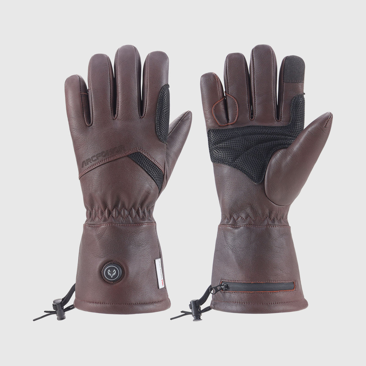 Brown Vellum goatskin heated gloves shown from the back and palm