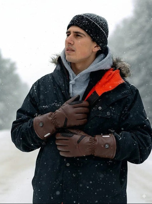Man wearing brown Vellum heated gloves during a snowy winter walk
