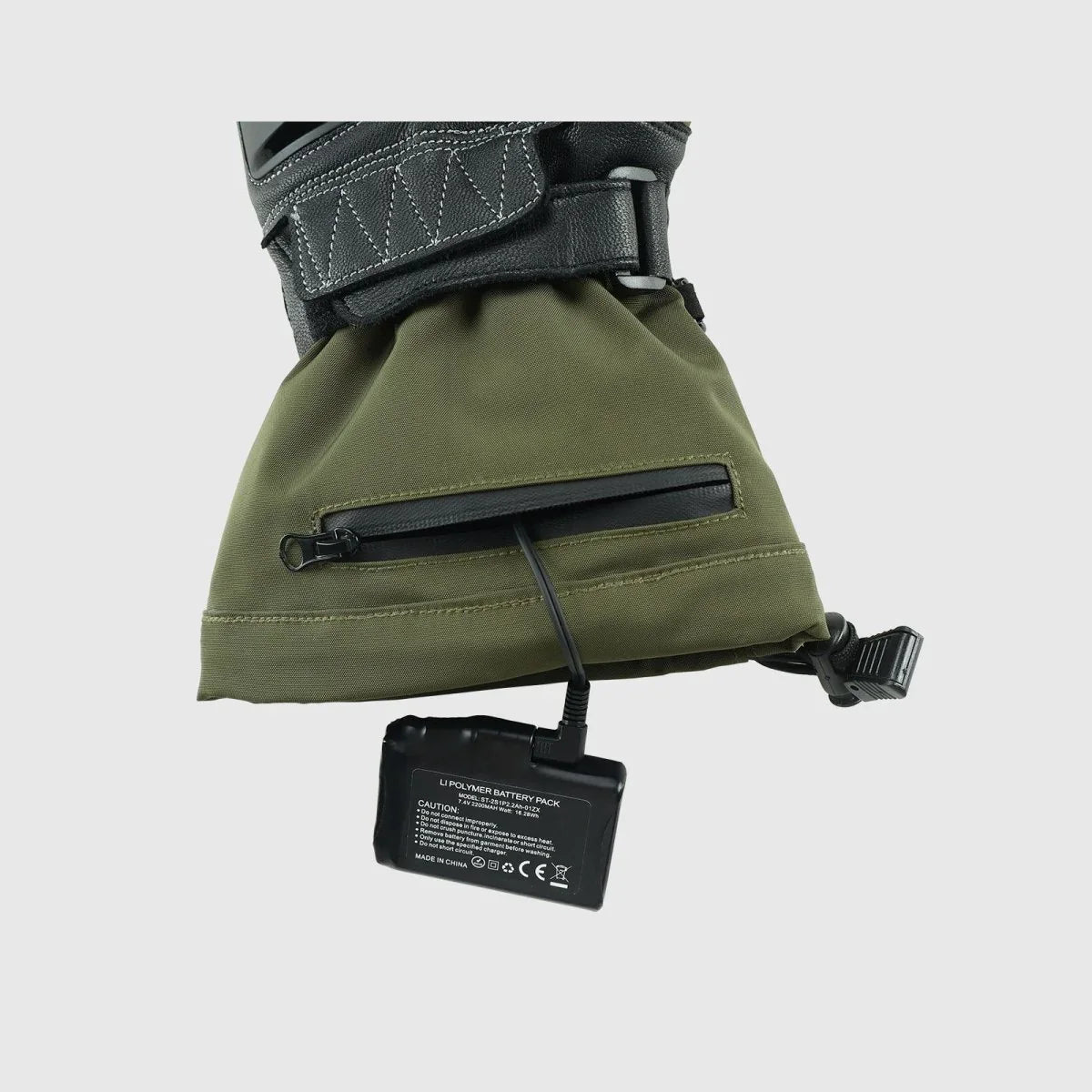 Zippered battery pocket and 7.4V battery on Vortex heated motorcycle gloves