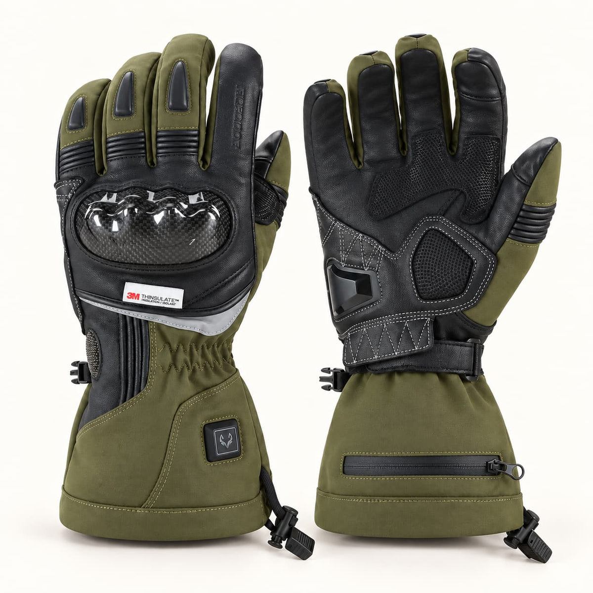 Arcfomor Vortex olive green and black heated motorcycle gloves showing the carbon-fiber knuckle shell and reinforced palm.