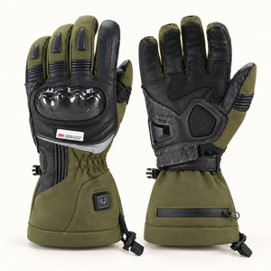 Arcfomor Vortex olive green and black heated motorcycle gloves showing the carbon-fiber knuckle shell and reinforced palm.
