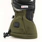 Vortex glove close-up showing the square fox-logo heat control, reflective strip and olive drawcord cuff.