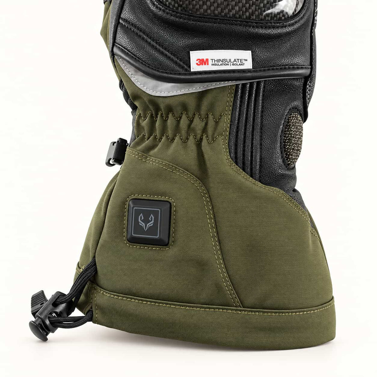 Vortex glove close-up showing the square fox-logo heat control, reflective strip and olive drawcord cuff.