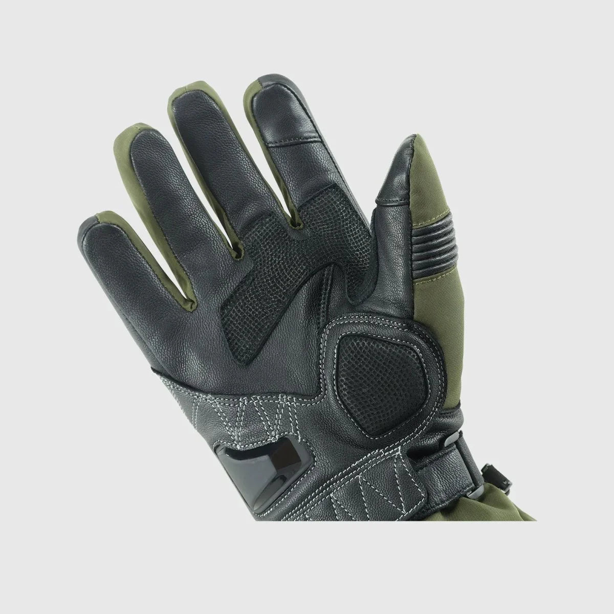 Goatskin palm with grip reinforcement and fixed palm-heel guard on Vortex gloves