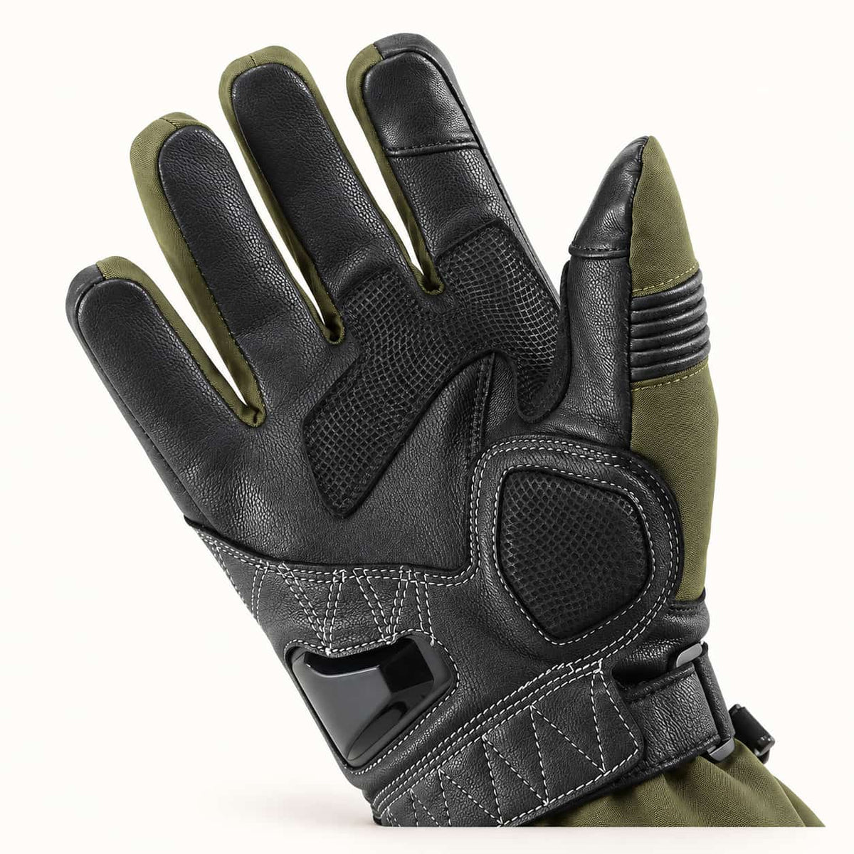 Vortex glove palm showing the textured grip panel, fixed palm-heel guard and reinforced thumb base.