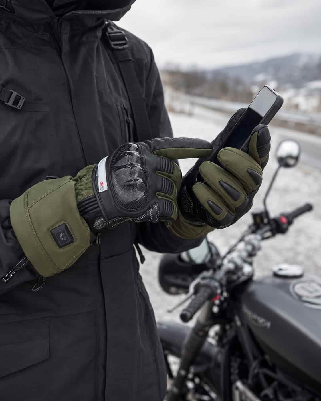 Rider using Vortex heated motorcycle gloves with a smartphone beside a parked motorcycle