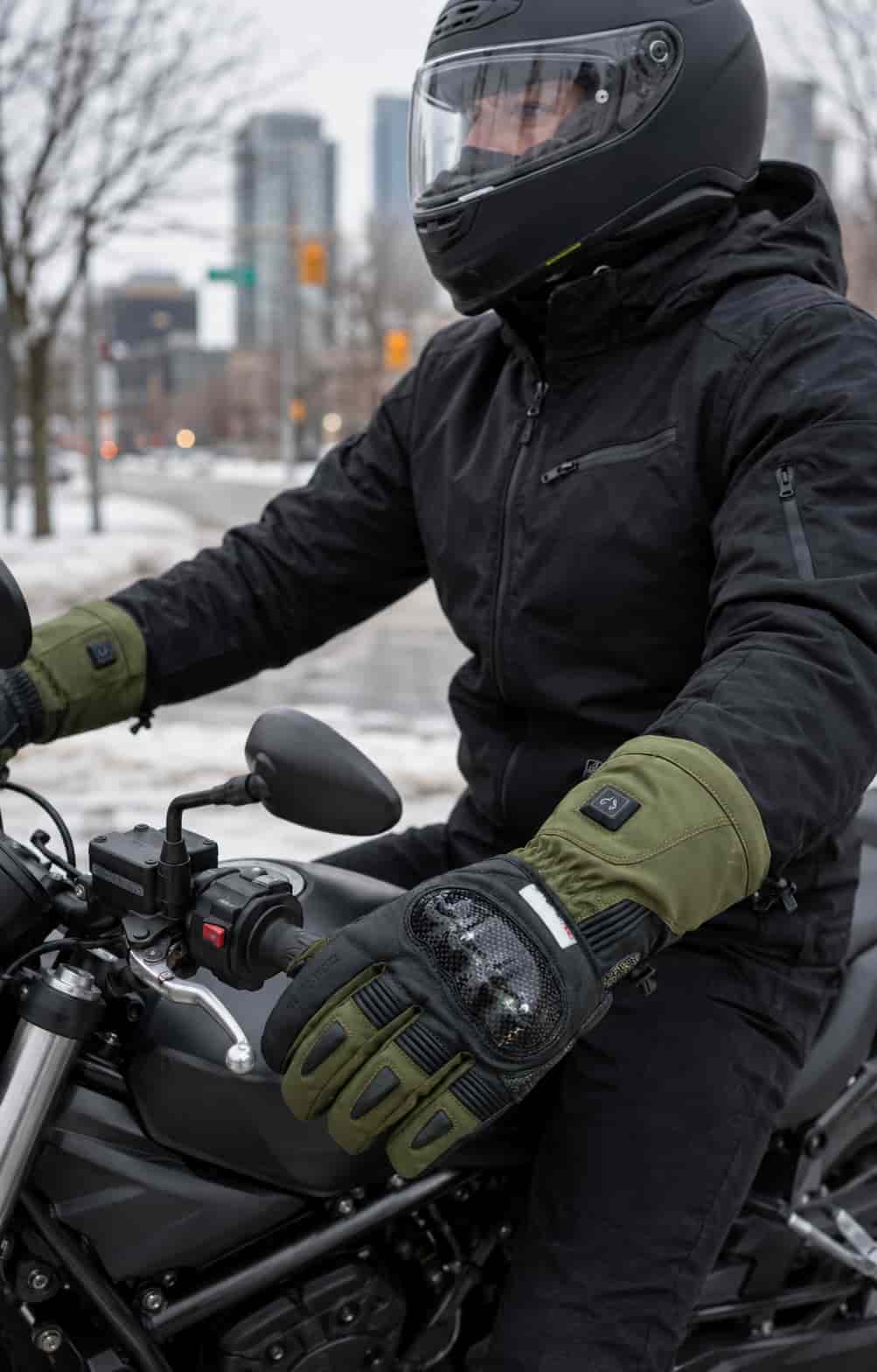 Rider wearing olive green Vortex heated motorcycle gloves during a cold-weather commute