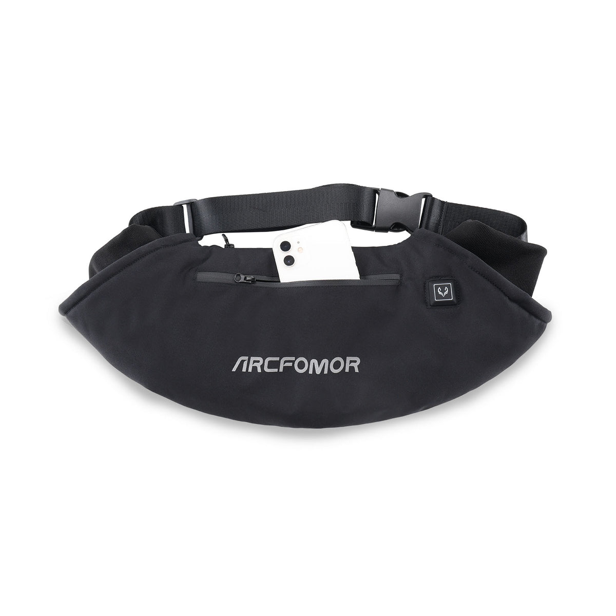 WarmHeart heated hand warmer muff with a smartphone placed in the front zip pocket