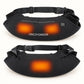 Front and rear views of the WarmHeart muff, with orange shading illustrating two front heating areas and one rear area.